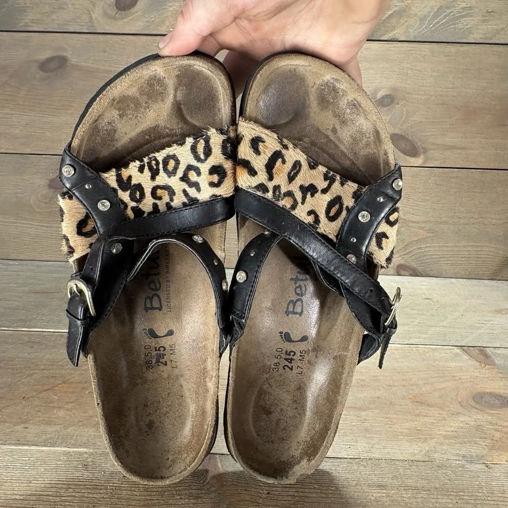 birkenstock betula womens size 7 shoes black leopard print rhinestone sandals